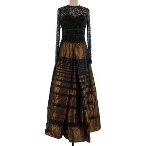 Vintage Black Lace Long Sleeve Silk Tiered Gone with the Wind Evening Gown Sz8